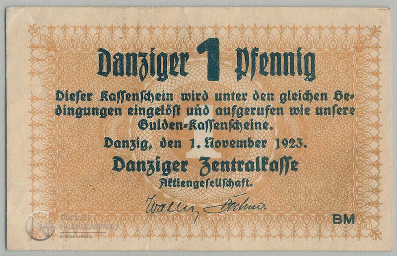 Awers banknotu 1 fenig listopad 1923 Gdańsk