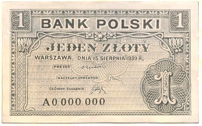 Awers banknotu 1 złoty 1939 w wersji z drobnymi różnicami względem wersji zatwierdzonej