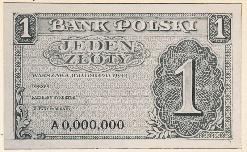 Awers banknotu 1 złoty 1939 w wersji zupełnie odmiennej od zatwierdzonej