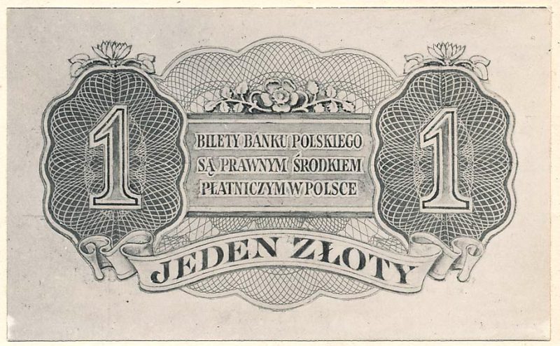 Rewers banknotu 1 złoty 1939 w wersji zupełnie odmiennej od zatwierdzonej