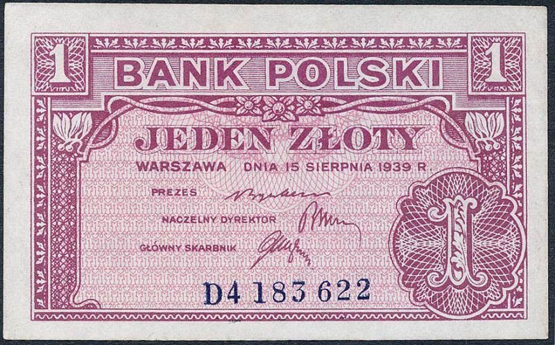 Awers zatwierdzonej wersji banknotu 1 złoty 1939