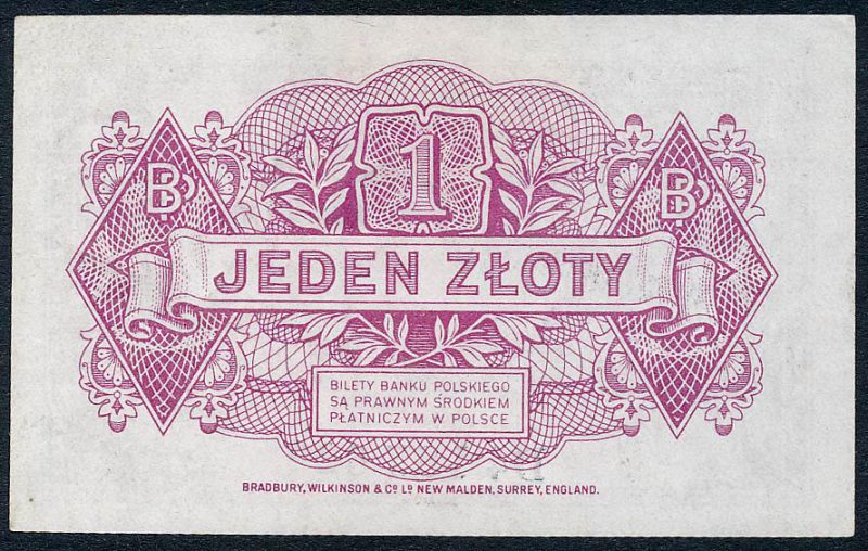Rewers zatwierdzonej wersji banknotu 1 złoty 1939