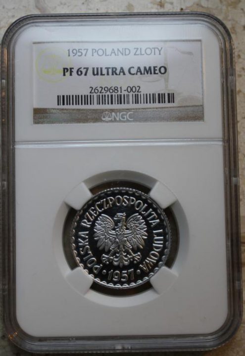 Awers falsyfikatu 1 złoty 1957 w ocenie NGC PF 67 ULTRA CAMEO