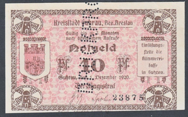 Notgeld 10 fenigów 1917-1920 magistratu w Górze z perforacją DRUCKPROBE