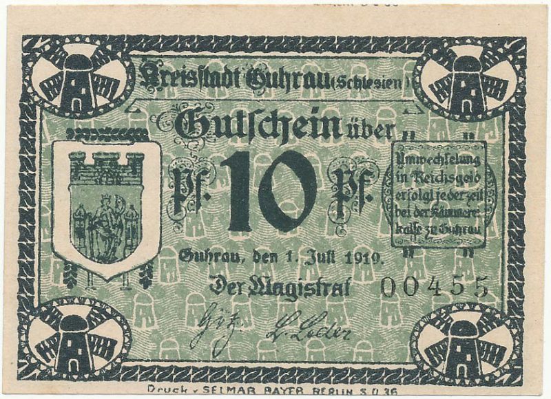Notgeld 10 fenigów 1919 magistratu w Górze bez znaku wodnego