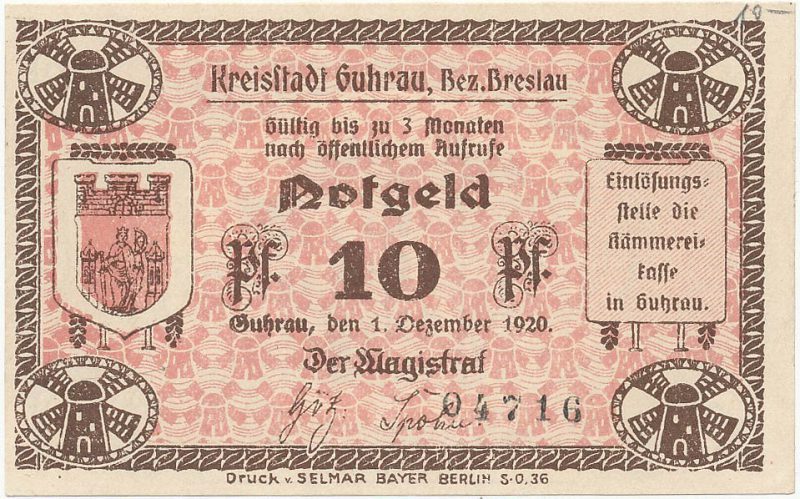 Notgeld 10 fenigów 1920 magistratu w Górze