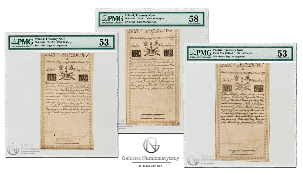 Banknoty 10 złotych 1794 Insurekcji z kolejnymi numerami w ocenach PMG
