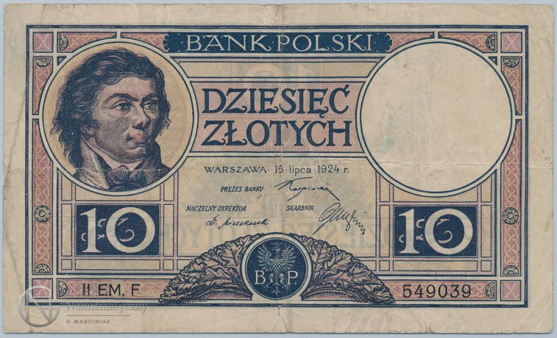 Awers banknotu 10 złotych 1924