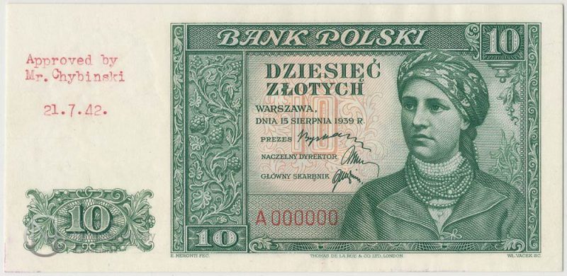Awers banknotu 10 złotych 1939 w odmiennej kolorystyce oraz adnotacją akceptacyjną na marginesie