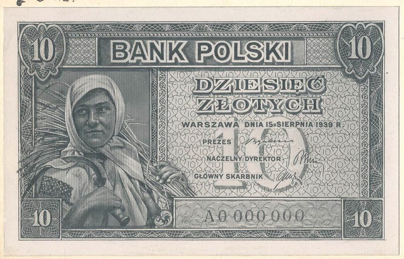 Awers banknotu 10 złotych 1939 w wersji zupełnie odmiennej od zatwierdzonej