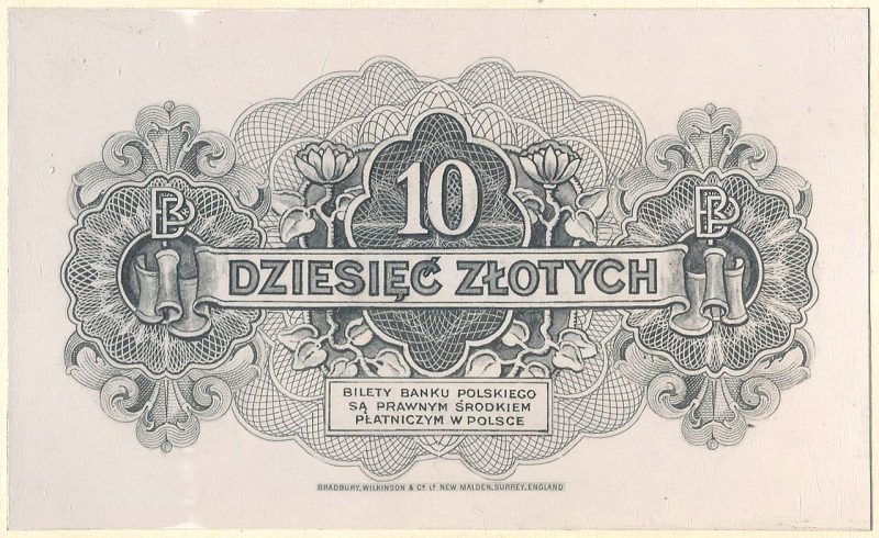 Rewers banknotu 10 złotych 1939 w wersji zupełnie odmiennej od zatwierdzonej
