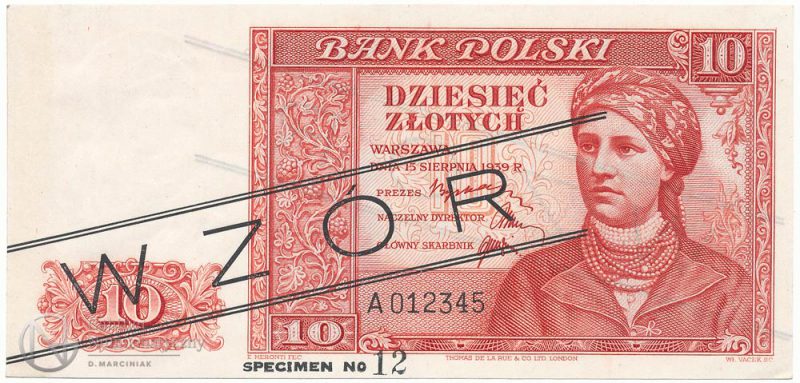 Awers banknotu 10 złotych 1939 w wersji zgodnej z finalną ale z pieczątką WZÓR i adnotacją na dolnym marginesie