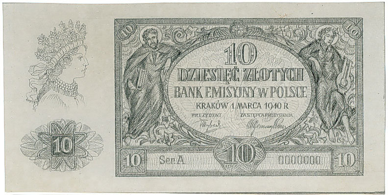 Odmienna szata graficzna banknotu 10 złotych 1940