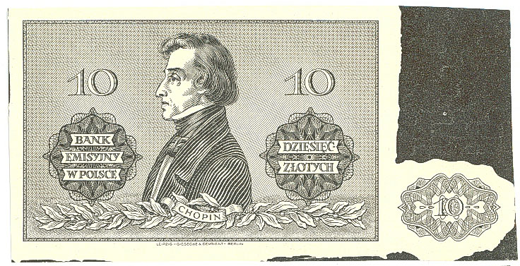 Czarnodruk warstwy głównej rewersu druku próbnego banknotu 10 złotych 1941