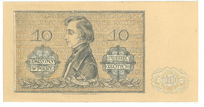 Rewers druku próbnego banknotu 10 złotych 1941