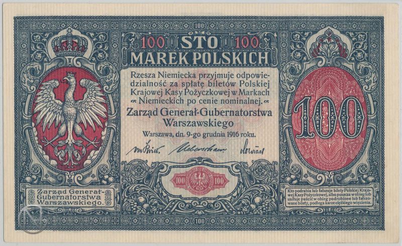 Awers banknotu 100 marek polskich 1916 Generał
