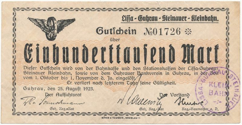Notgeld 100 tysięcy marek 1923 kasy stacji kolei wąskotorowej w Górze