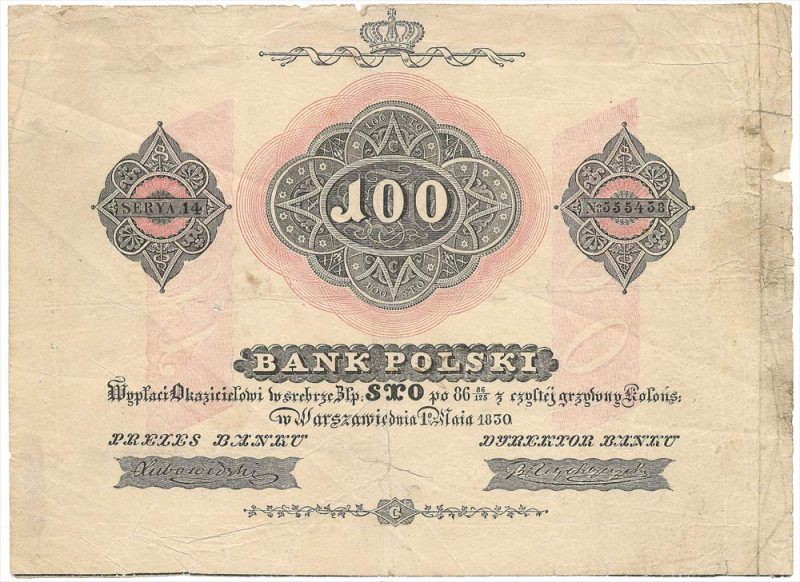 Awers banknotu 100 złotych 1830