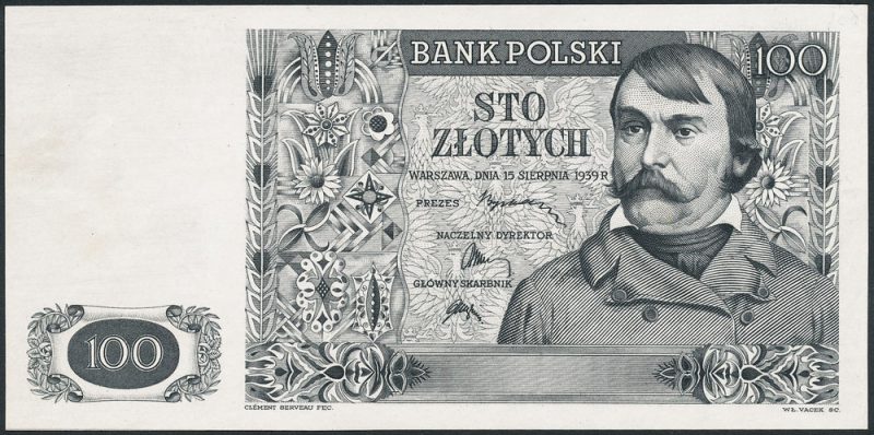 Czarnodruk warstwy głównej awersu banknotu 100 złotych 1939