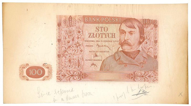 Wydruk próbny awersu banknotu 100 złotych 1939
