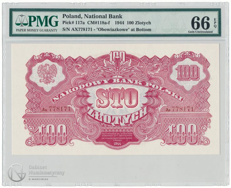 Awers banknotu 100 złotych 1944 obowiązkowe w ocenie PMG 66 EPQ