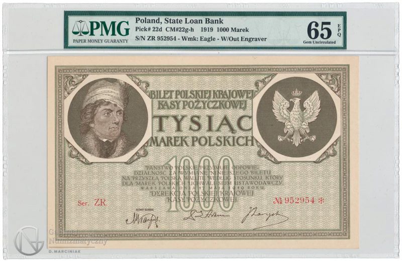 Awers banknotu 1000 marek polskich 1919 w ocenie PMG 65 EPQ