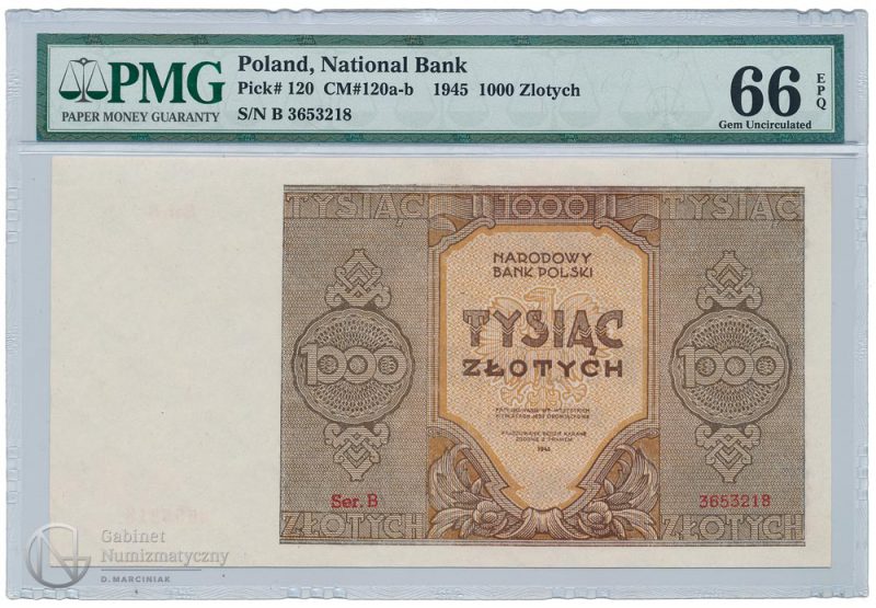 Awers banknotu 1000 złotych 1945 w ocenie PMG 66 EPQ