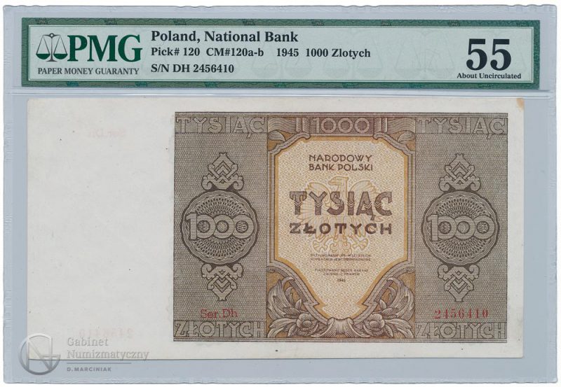 Awers banknotu serii zastępczej Dh 1000 złotych 1945 w ocenie PMG 55