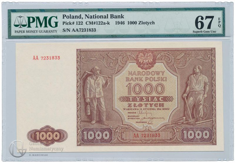 Awers banknotu 1000 złotych 1946 w ocenie PMG 67 EPQ