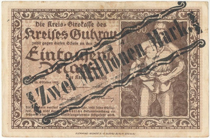 Awers notgelda 2 miliony marek 1923 powiatu Góry z przedrukiem