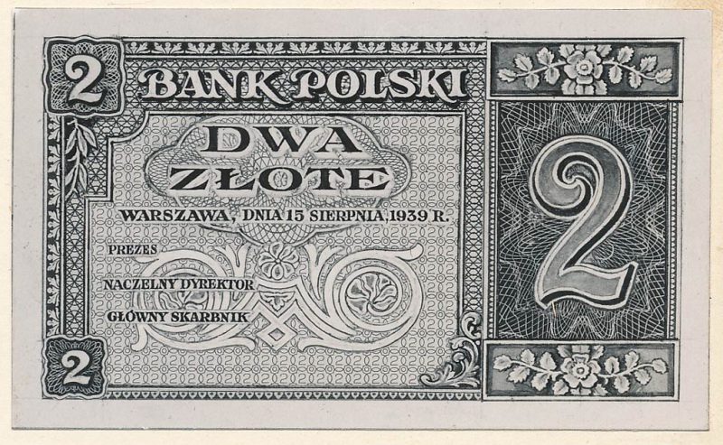 Awers banknotu 2 złote 1939 w wersji zupełnie odmiennej od zatwierdzonej