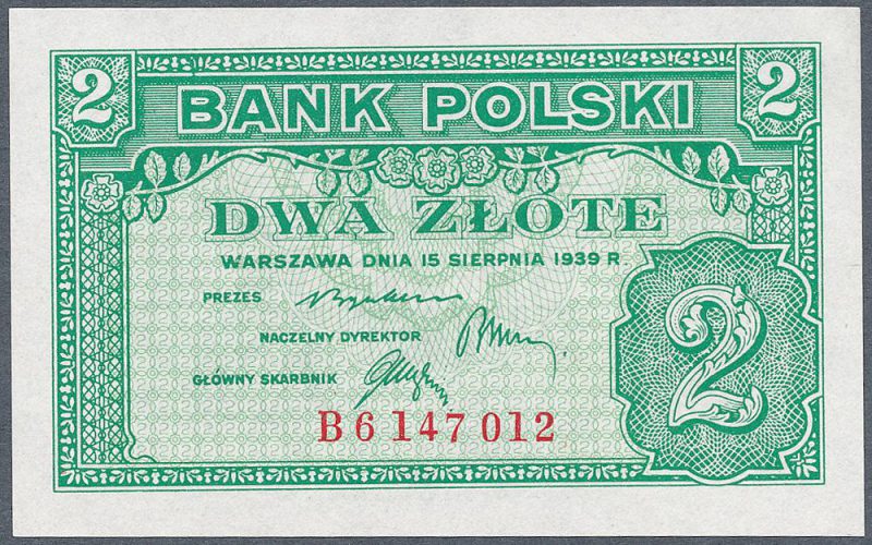 Awers zatwierdzonej wersji banknotu 2 złote 1939