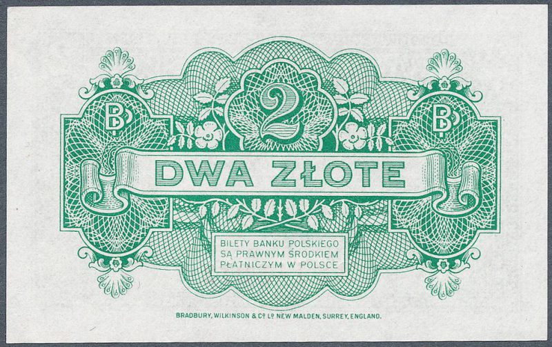 Rewers zatwierdzonej wersji banknotu 2 złote 1939