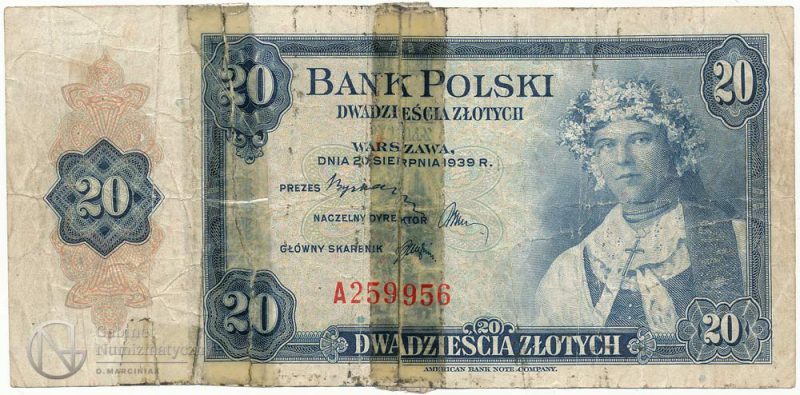 Awers banknotu 20 złotych 1939