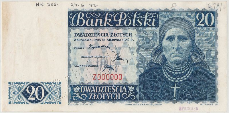 Awers banknotu 20 złotych 1939 seria Z z perforacją i adnotacjami