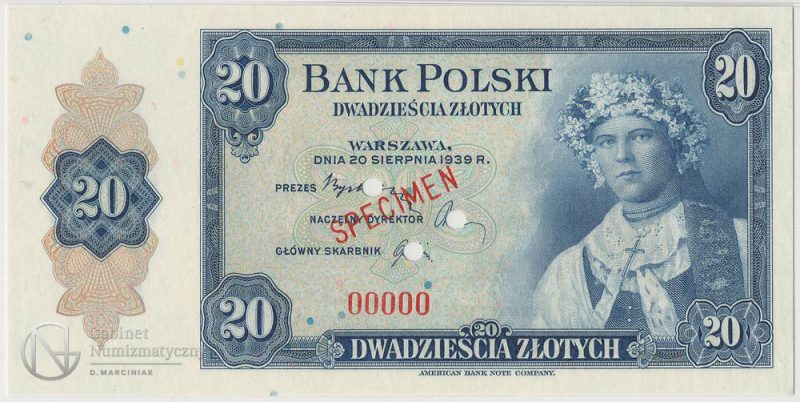 Awers banknotu 20 złotych 1939 SPECIMEN