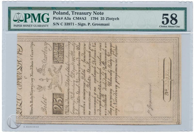 Awers banknotu 25 złotych 1794 w ocenie PMG 58