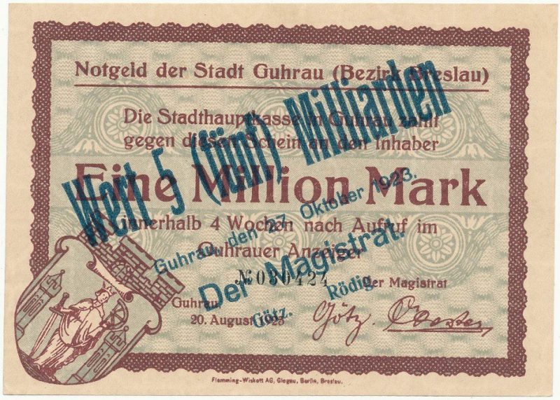 Notgeld 5 miliardów marek 1923 magistratu w Górze z przedrukiem