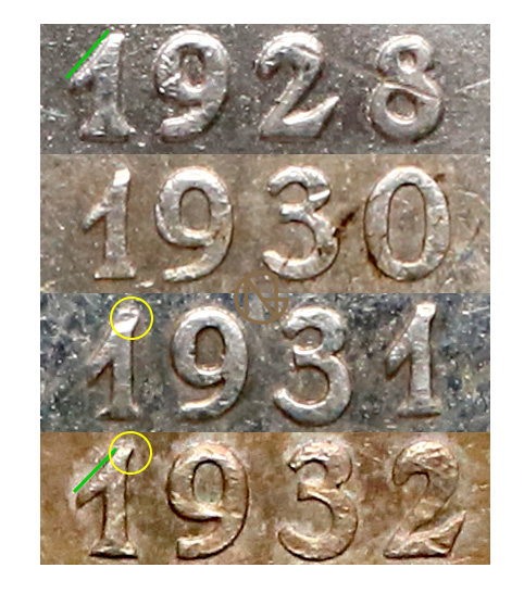 Cechy charakterystyczne cyfry 1 w dacie 5 złotych 1928-1932 Nike