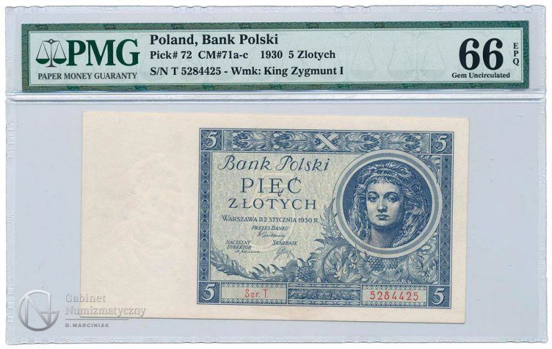 Awers banknotu 5 złotych 1930 w ocenie PMG 66 EPQ