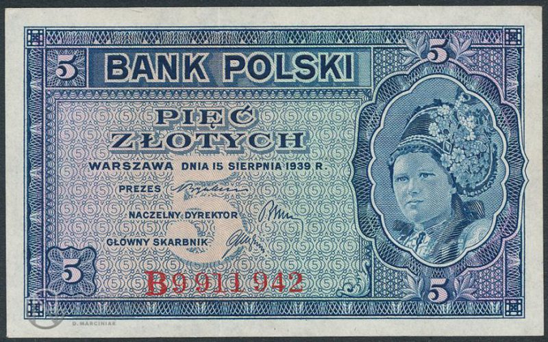 Awers banknotu 5 złotych 1939