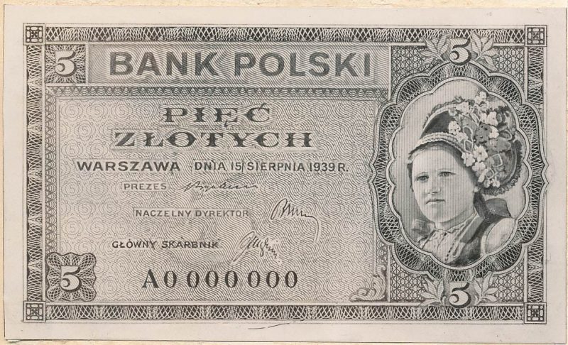 Awers banknotu 5 złotych 1939 w wersji z drobnymi różnicami względem wersji zatwierdzonej