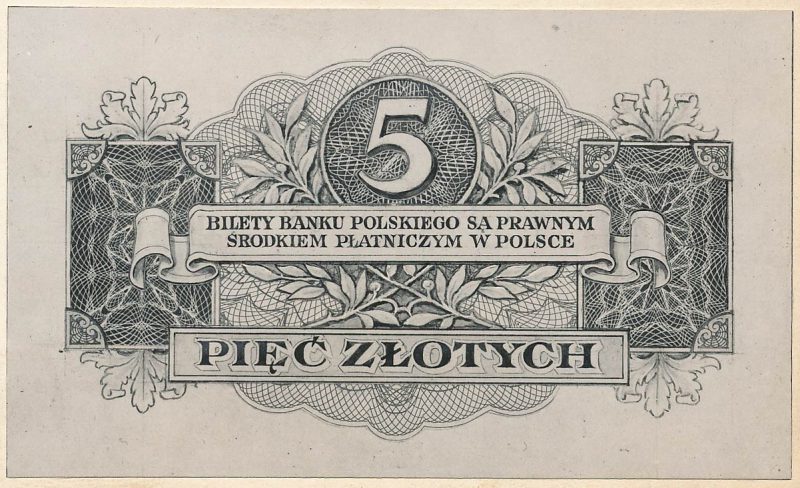 Rewers banknotu 5 złotych 1939 w wersji zupełnie odmiennej od zatwierdzonej