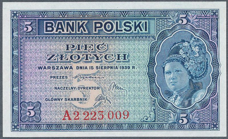 Awers zatwierdzonej wersji banknotu 5 złotych 1939