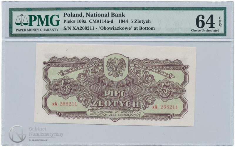 Awers banknotu serii zastępczej xA 5 złotych 1944 obowiązkowe w ocenie PMG 64 EPQ