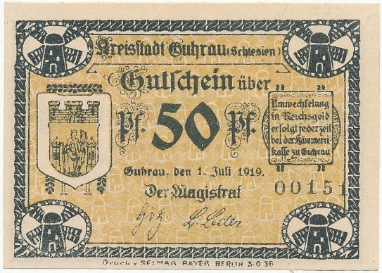 Notgeld 50 fenigów 1919 magistratu w Górze bez znaku wodnego