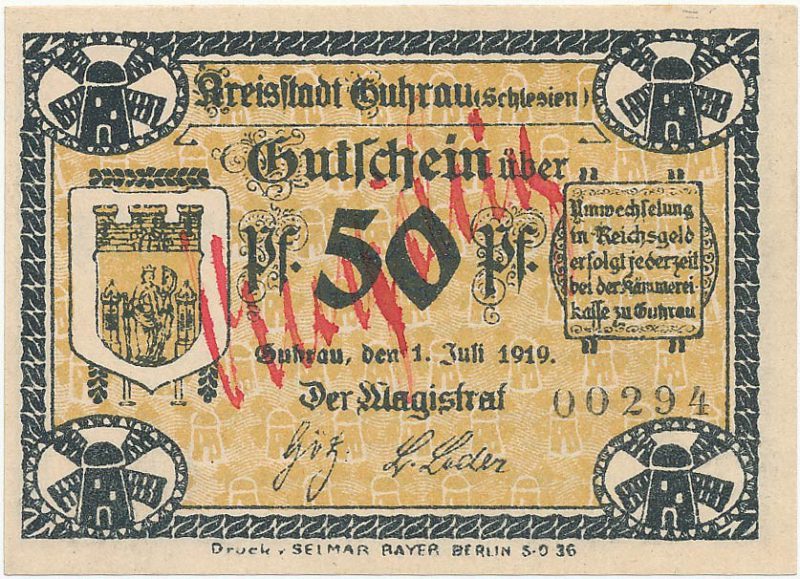 Unieważniony notgeld 50 fenigów 1919 magistratu w Górze z napisem Ungultig