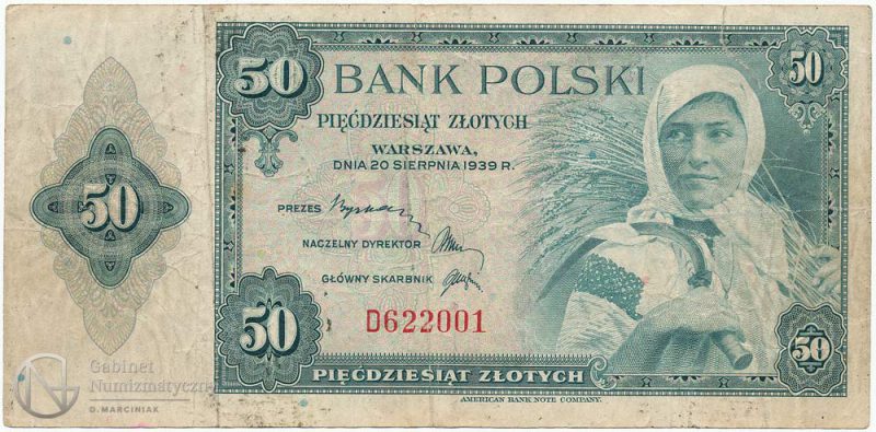 Awers banknotu 50 złotych 1939
