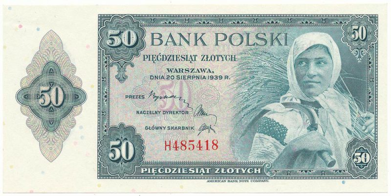 Awers finalnej wersji banknotu 50 złotych 1939 z postacią kobiety z projektu banknotu 5 złotych