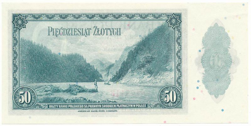 Rewers finalnej wersji banknotu 50 złotych 1939 z postacią kobiety z banknotu 5 złotych